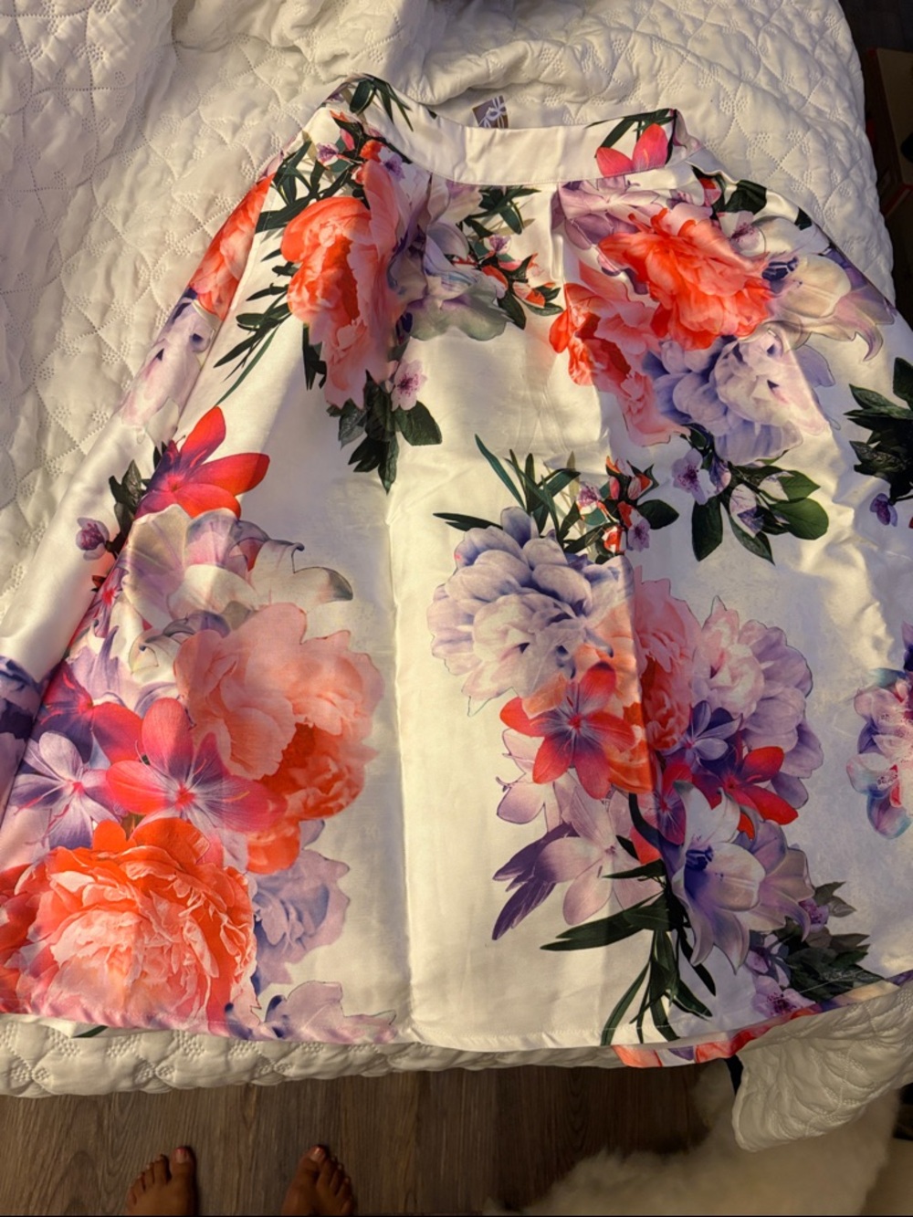 LARA White A-Line Skirt with Coral, Pink & Purple Floral Print